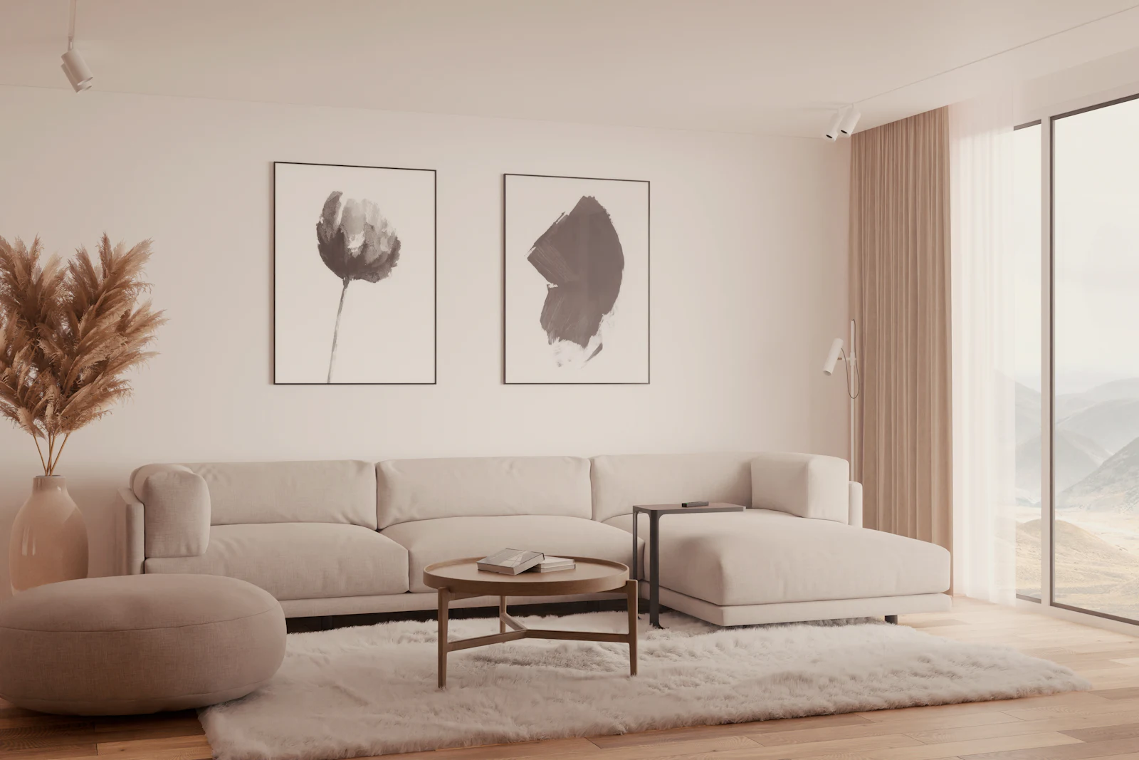 Low beige sectional sofa with framed botanical prints and pampas grass
