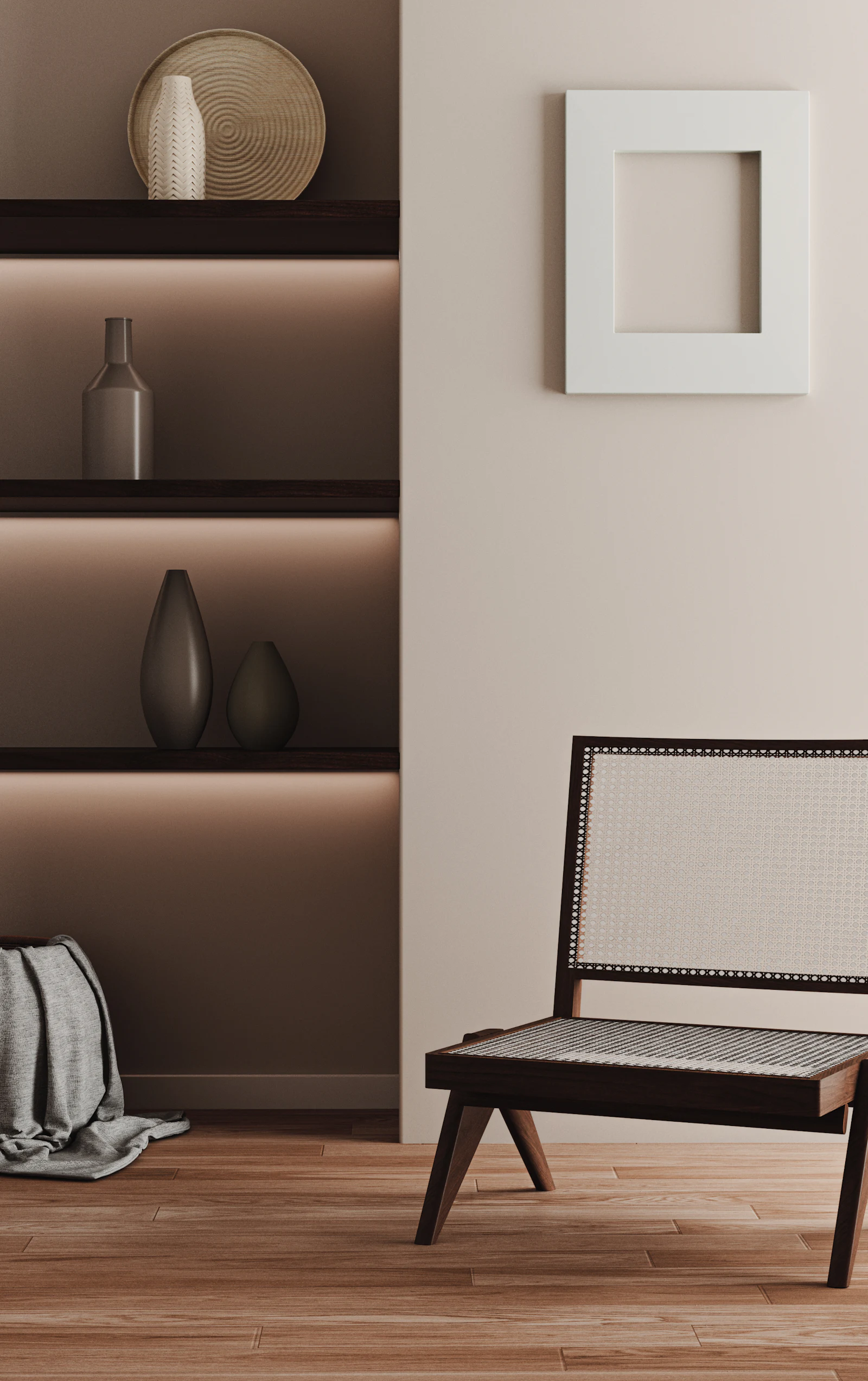 Backlit dark shelving displaying ceramic vases