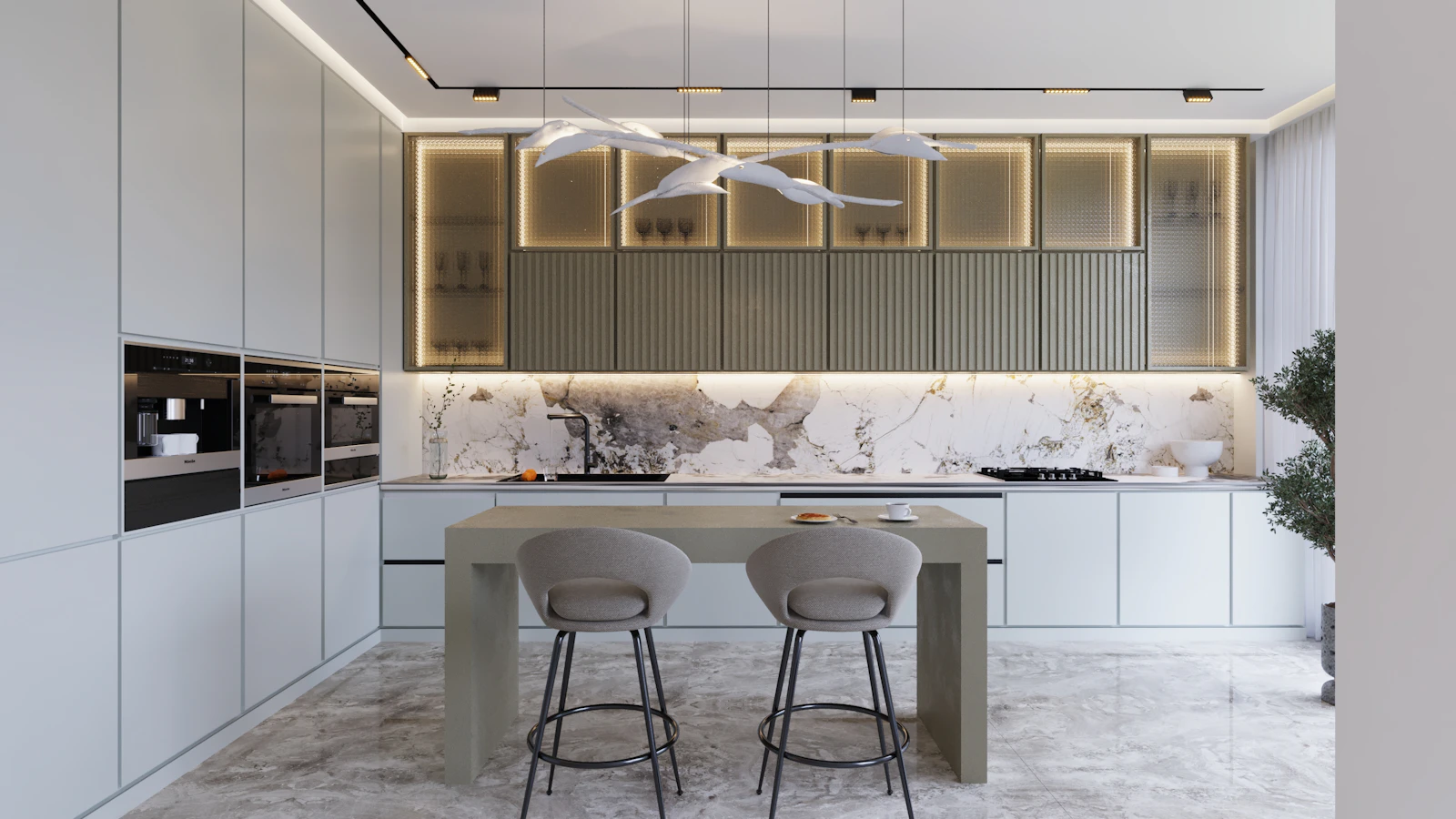 Grey and white kitchen with a marble island and stools
