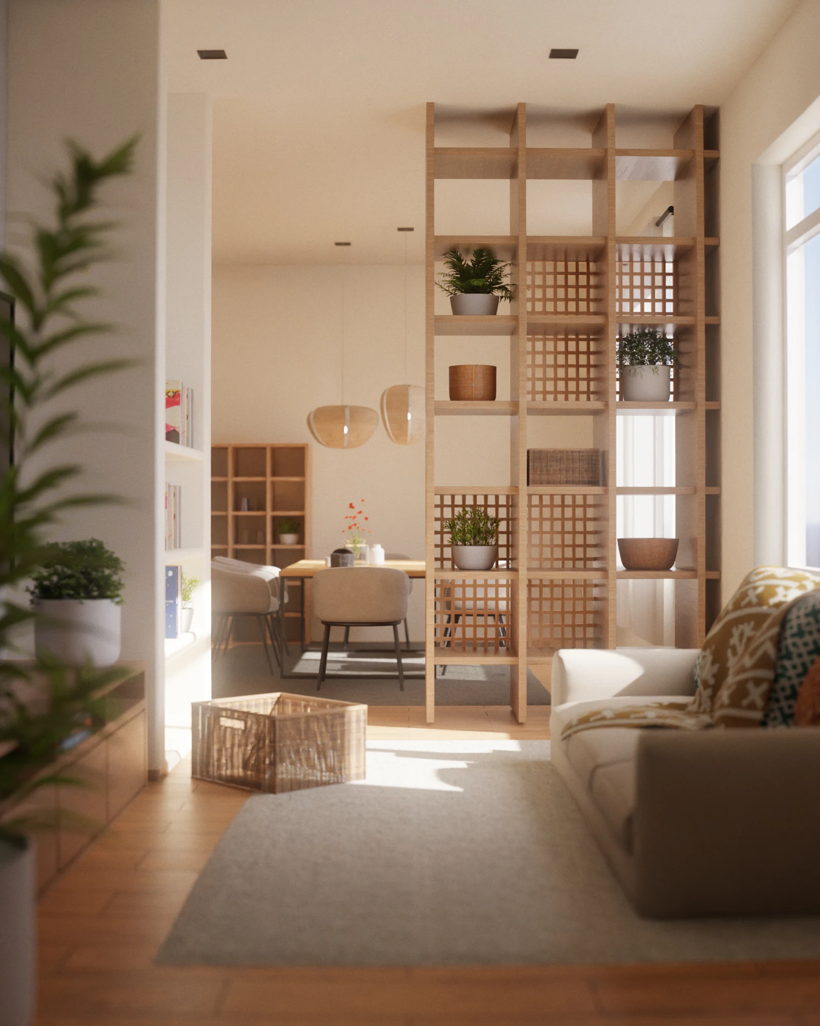 Open room divided by a tall wooden shelving unit filled with natural light