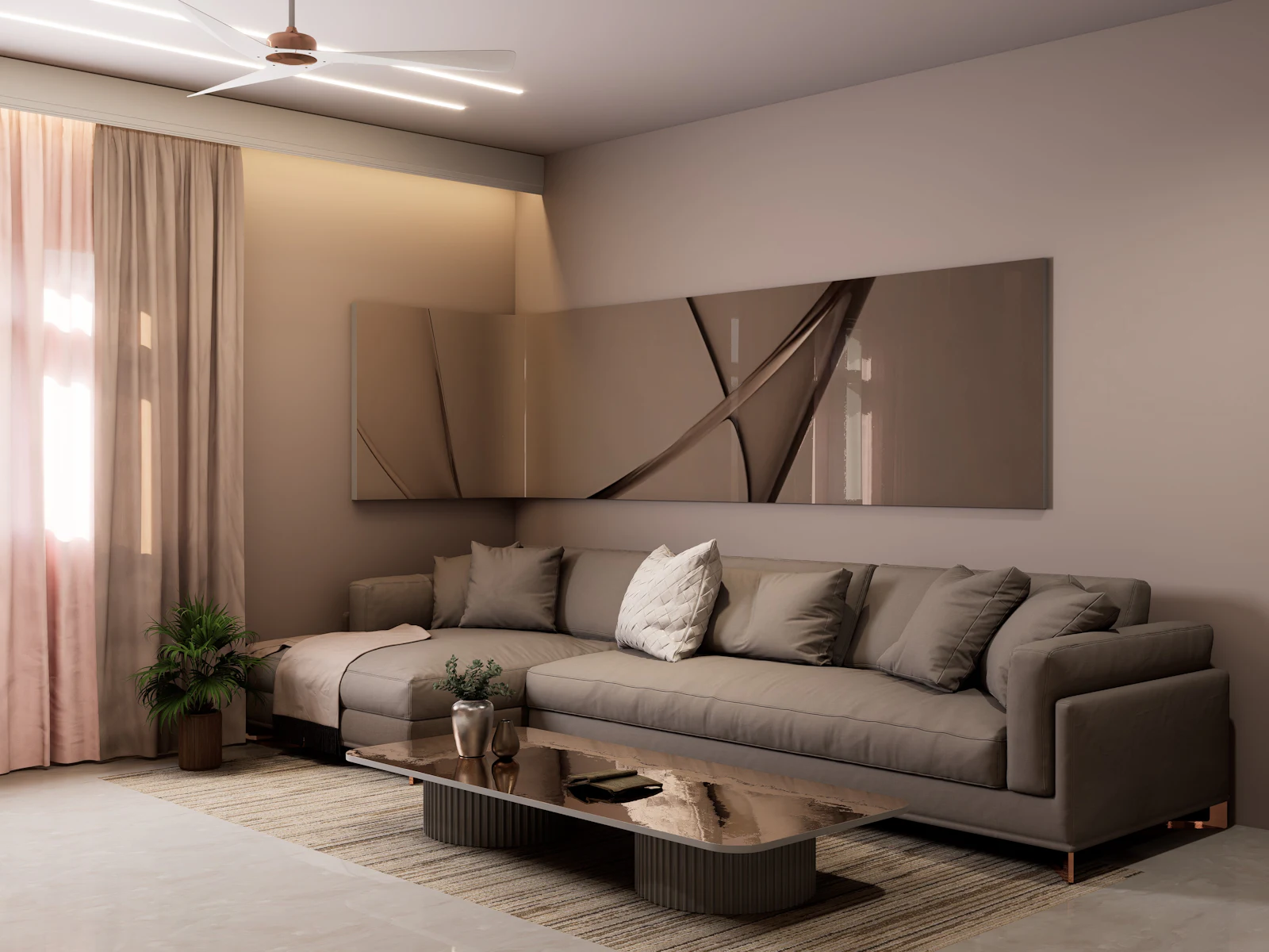 Taupe sectional sofa beneath sculptural wall art with soft pink curtains