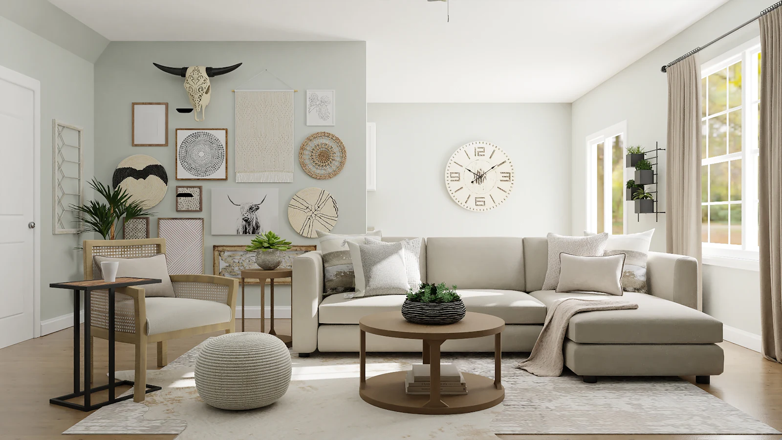 Neutral living room with a round wooden coffee table and a cream sectional