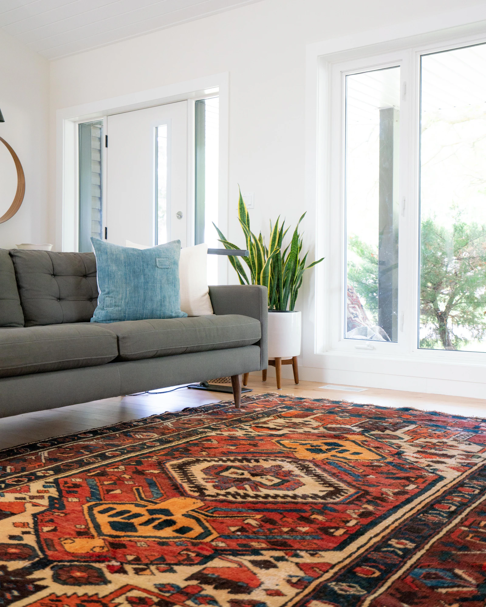 Grey sofa with blue cushions on a red patterned rug beside tall windows