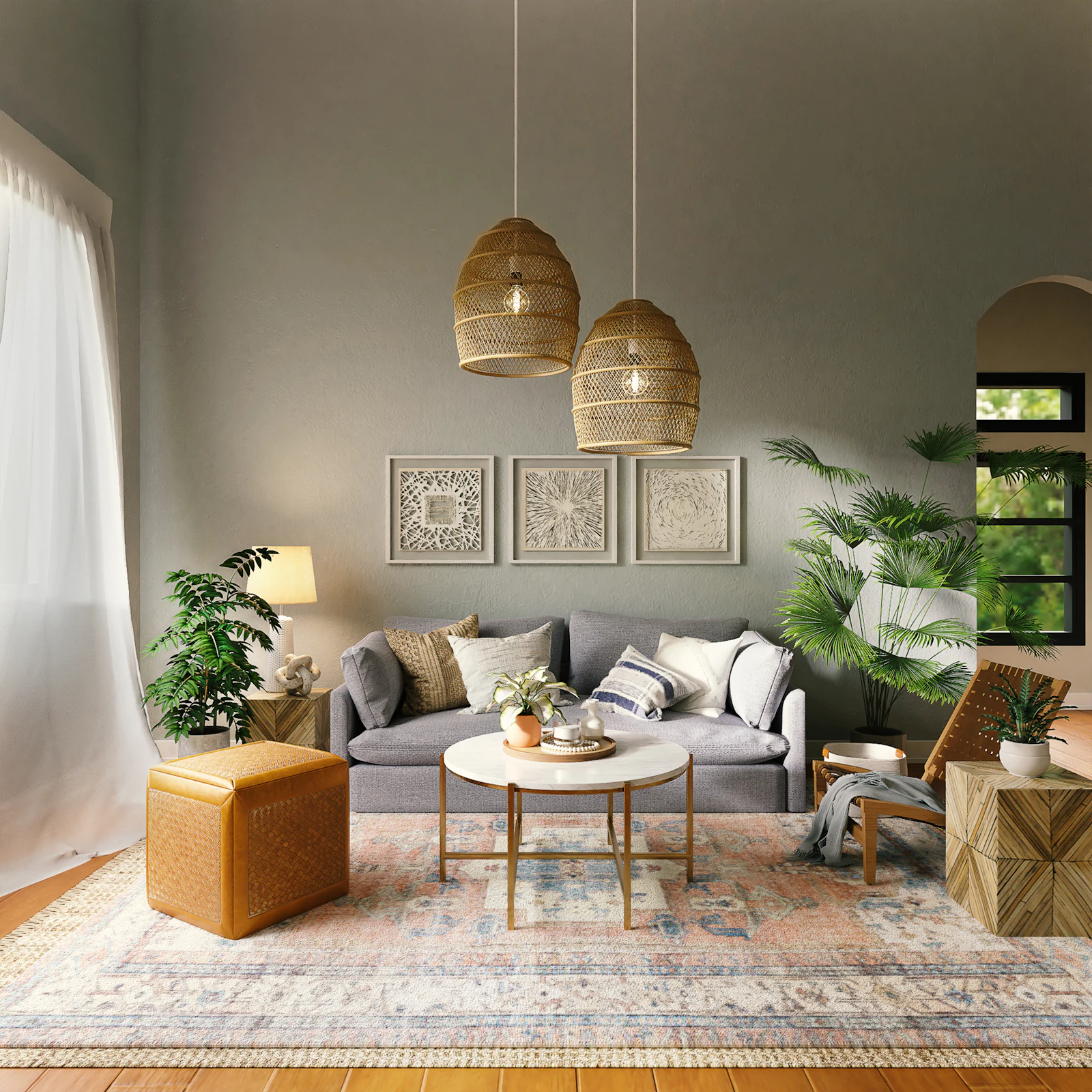 Living room with woven pendant lights and a grey sofa